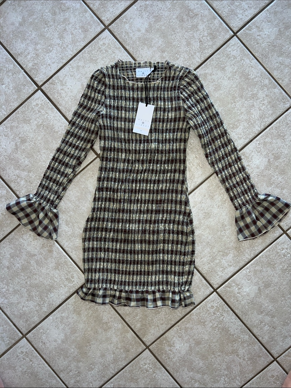Plaid Smocked Long-Sleeve Mini Dress in burgundy  and Cream